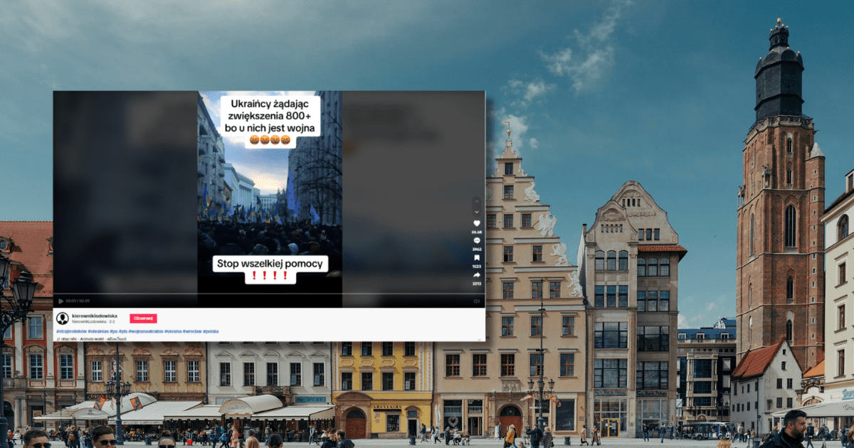 w tle zdjęcie rynku we Wrocławiu, zrzut ekranu z TikToka z informacją o tym, że Ukraińcy żądają zwiększenia 800+