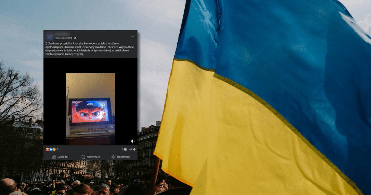 flaga Ukrainy, zrzut ekranu z Facebooka z informacją o tym, że w telewizji ukraińskiej są reklamy namawiające do donoszenia na rodziców
