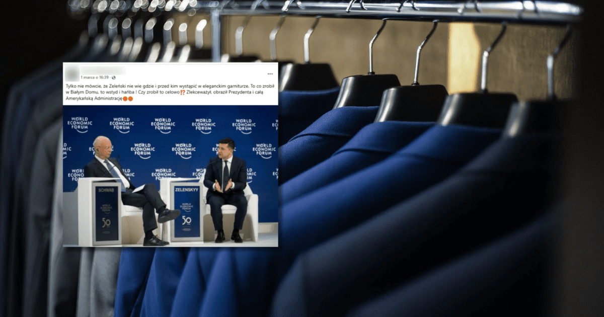 w tle wiszące na wieszaku garnitury, zrzut ekranu z Facebooka ze zdjęciem Wołodymyra Zełeńskiego ubranego w garnitur na spotkaniu z Klausem Schwabem