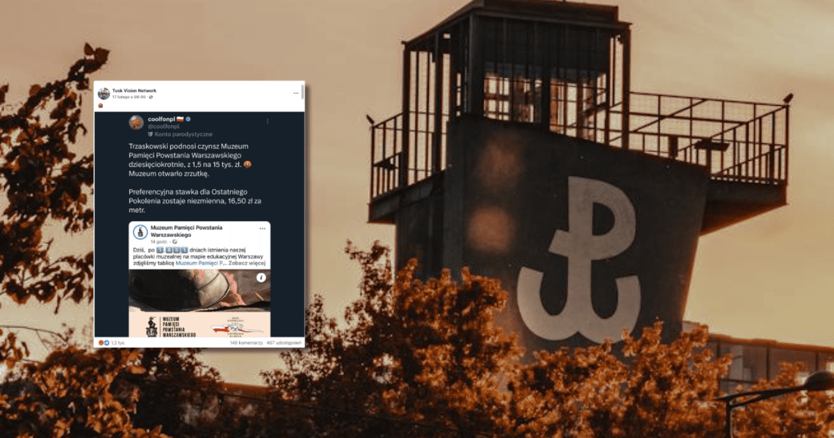 w tle fragment budynku z symbolem Powstania Warszawskiego, zrzut ekranu z Facebooka z informacją o tym, że Trzaskowski podniósł czynsz dla Muzeum Pamięci Powstania Warszawskiego