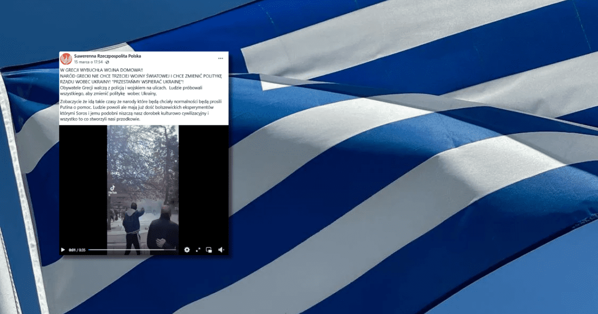 w tle flaga Grecji, zrzut ekranu z Facebooku z informacją o tym, że w Grecji wybuchła wojna domowa
