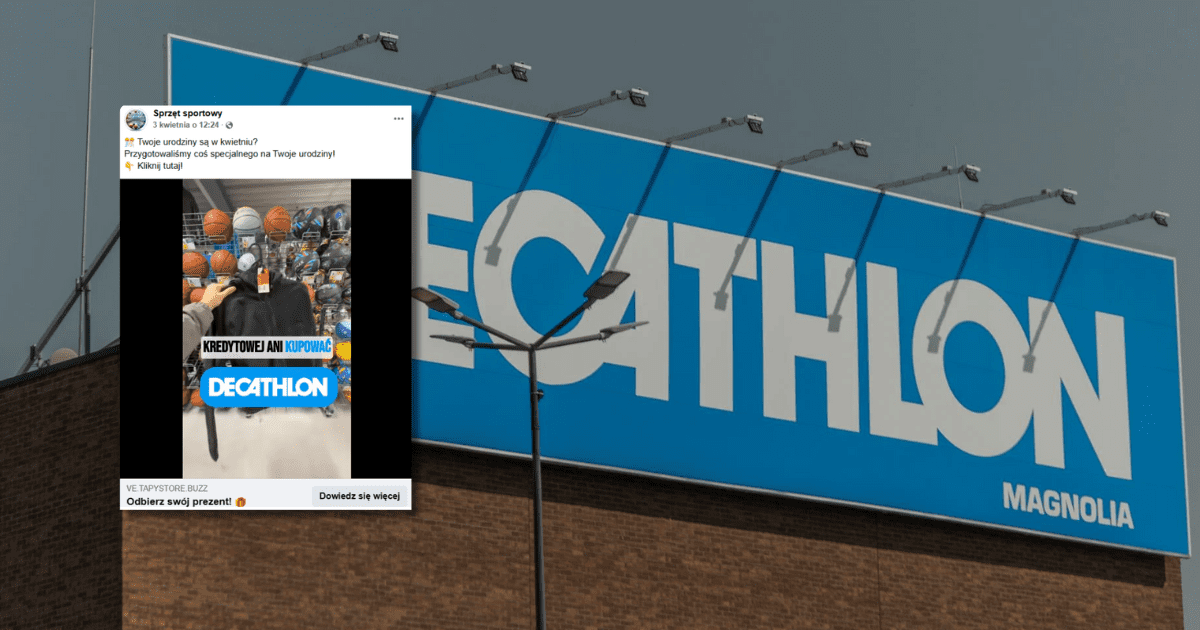 w tle sklep z logiem Decathlonu, zrzut ekranu z Facebooka z informacją o tym, że Decathlon rozdaje prezenty z okazji urodzin sklepu.