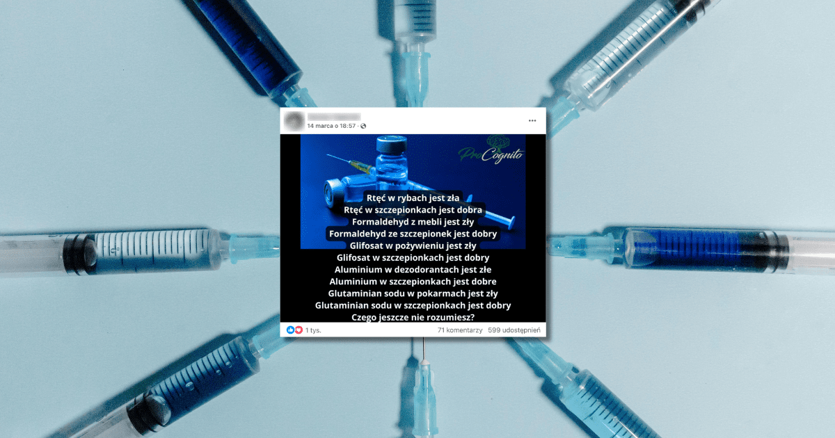 screen z Facebooka, w tle zdjęcie strzykawek