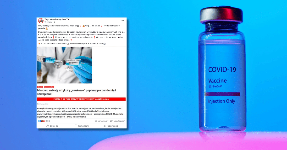 zdjęcie fake newsa opisanego w analizie, w tle zdjęcie szczepionki