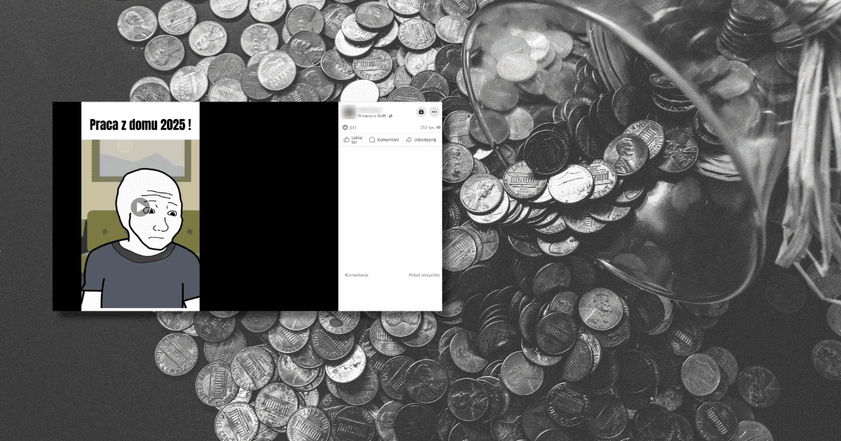 screen z Facebooka, w tle srebrne monety wysypane na stół
