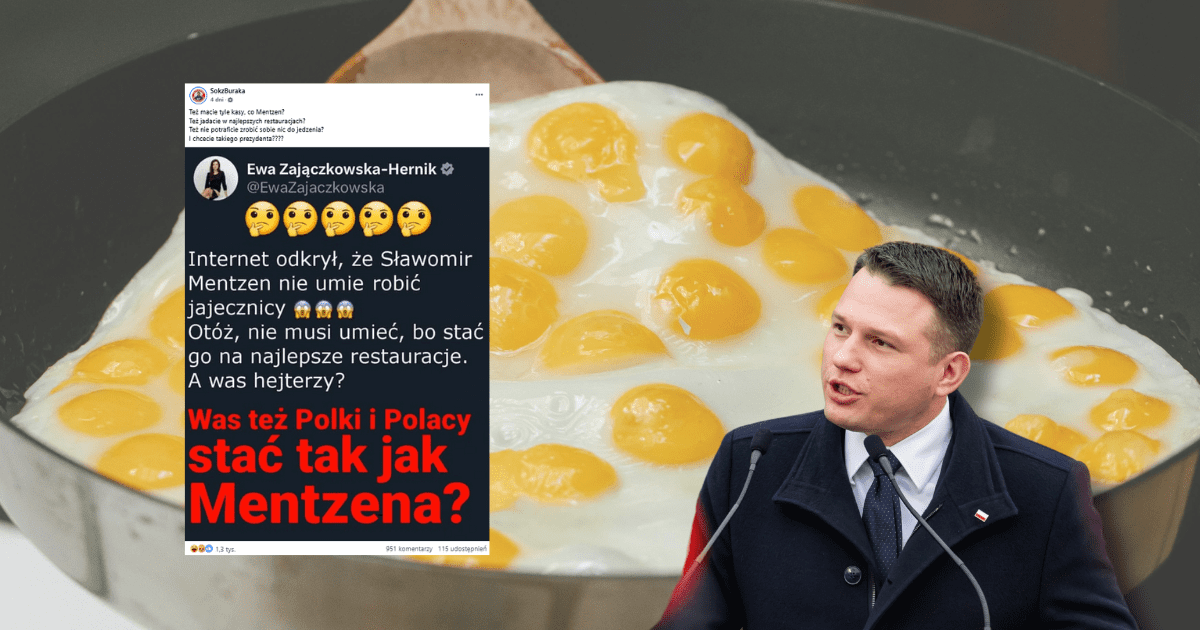 w tle jajecznica, screen z Facebooka i Sławomir Mentzen