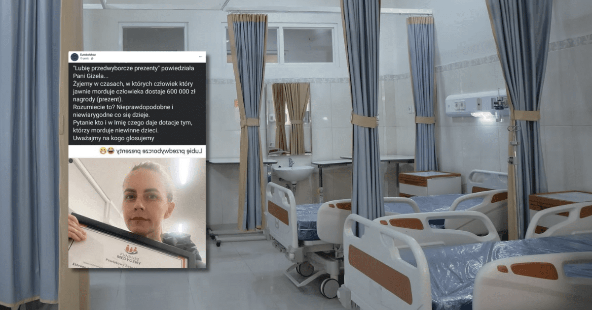 w tle sala szpitalna, zrzut ekranu z Facebooka ze zdjęciem Gizeli Jagielskiej i informacją o tym, że otrzymała ona 600 złotych w ramach przedwyborczego prezentu.