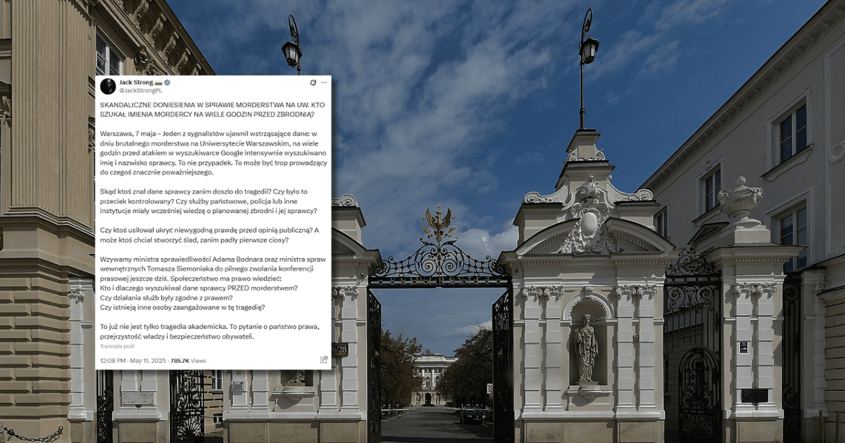 w tle brama główna Uniwersytetu Warszawskiego, zrzut ekranu z platformy X z wpisem o tym, że służby rzekomo wiedziały o planowanym ataku