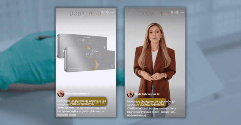 w tle ręce lekarza, zrzuty ekranu z reklamą żelek Dody