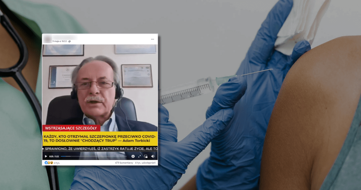 W tle pracownik medyczny wstrzykujący szczepionkę pacjentowi, zrzut ekranu z Facebooka