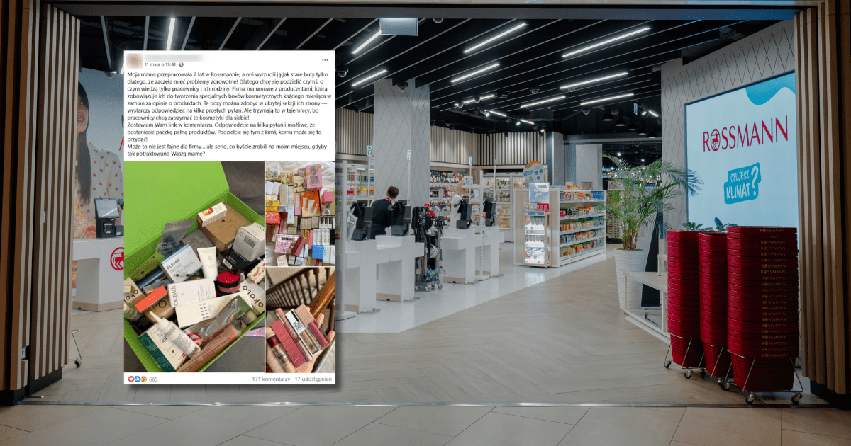 W tle zdjęcie sklepu Rossmann, zrzut ekranu z Facebooka