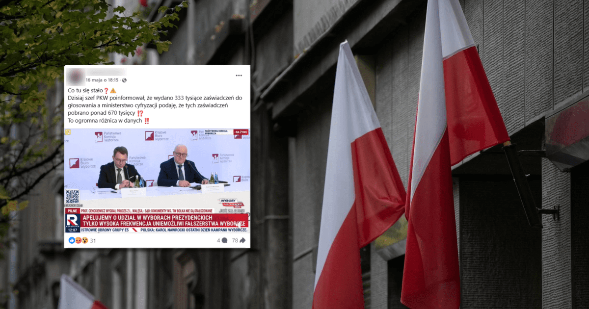 w tle dwie wiszące na budynku flagi Polski, zrzut ekranu z Facebooka