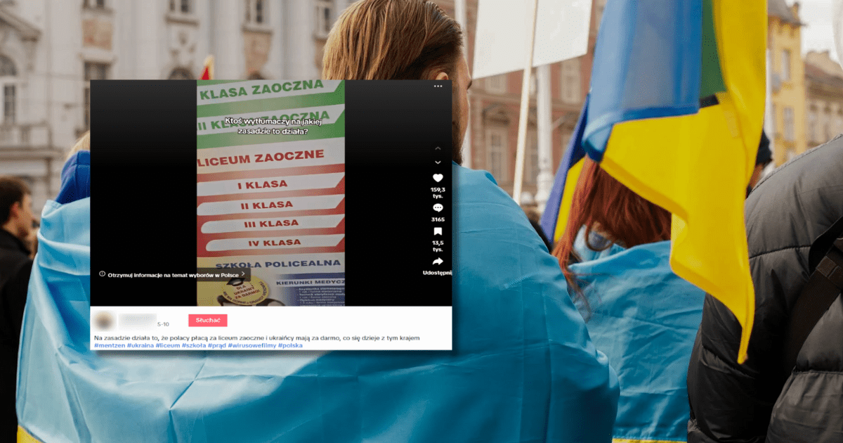 w tle ludzie stojący z flagami Ukrainy, zrzut ekranu z TikToka z informacją o szkołach policealnych dla Ukraińców