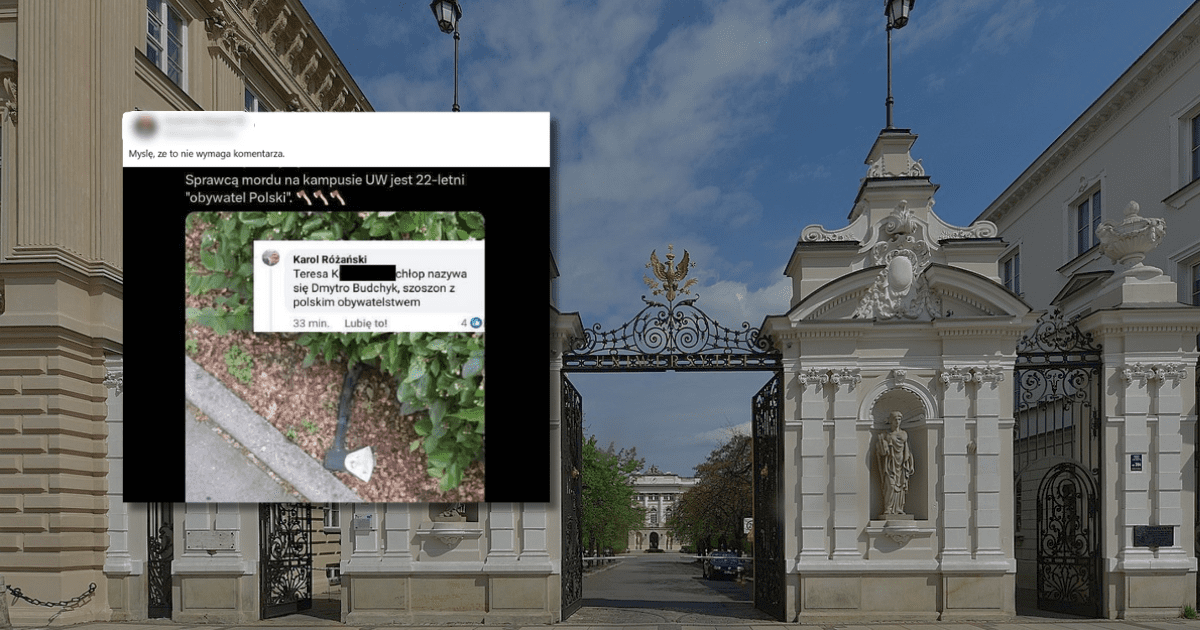 w tle brama Uniwersytetu Warszawskiego, zrzut ekranu z Facebooka