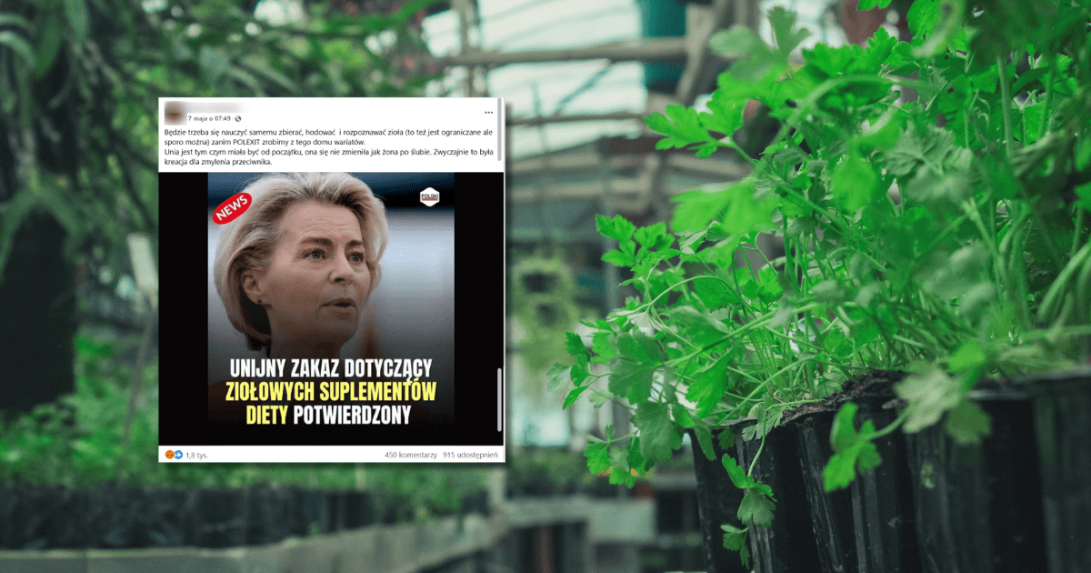 screen z Facebooka, w tle doniczki z zielonymi roślinami