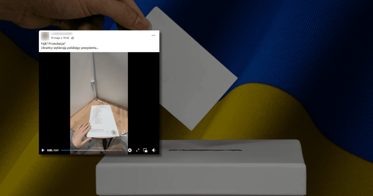 w tle flaga Ukrainy i ręka wrzucająca kartę do urny, zrzut ekranu z Facebooka