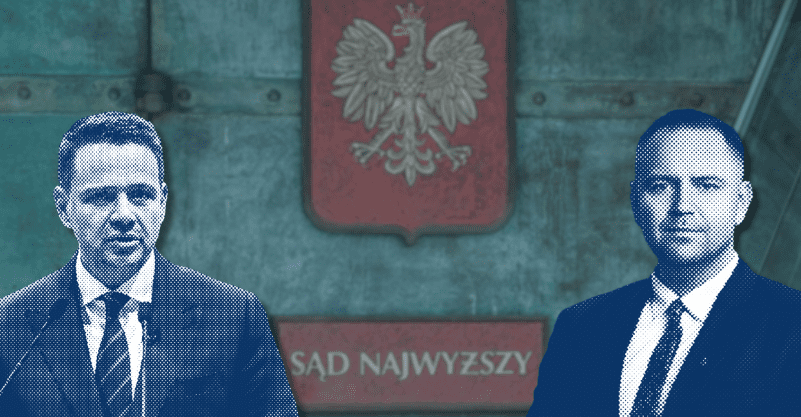W tle orzeł biały i podpis Sąd Najwyższy, Rafał Trzaskowski po lewej, Karol Nawrocki po prawej.