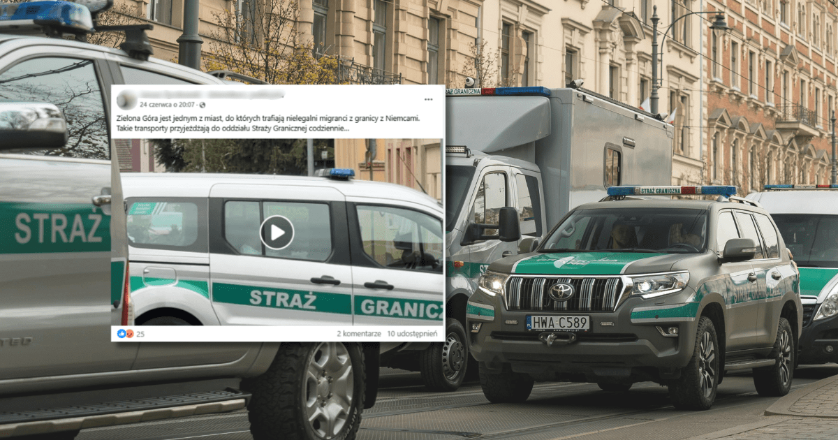 screen z Facebooka, w tle samochody Straży Granicznej