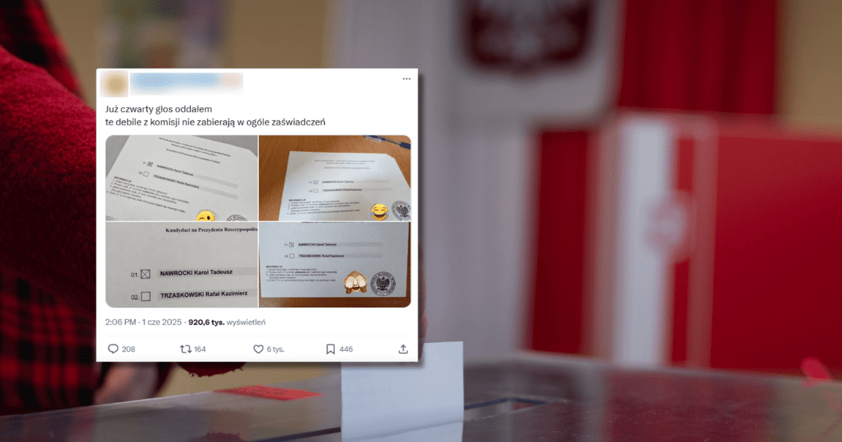 w tle sala do głosowania, zrzut ekranu z portalu X z informacją, że komisja nie zbiera zaświadczeń o prawie do głosowania