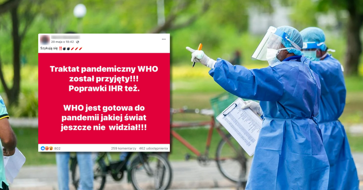 w tle lekarze ubrani w ubrania ochronne i maski, zrzut ekranu z Facebooka z informacją o traktacie pandemicznych