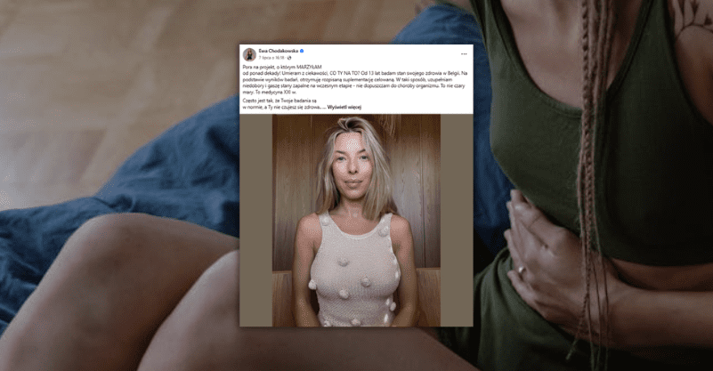 w tle kobieta cierpiąca na ból brzucha, zrzut ekranu z profilu facebookowego Ewy Chodakowskiej