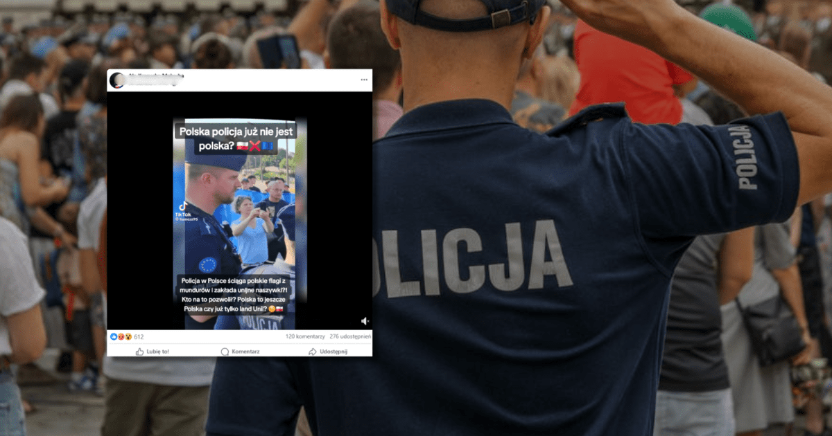 w tle stoi odwrócony tyłem policjant, zrzut ekranu z Facebooka
