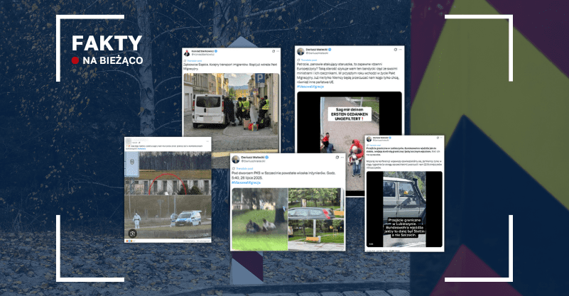 Zdjęcie słupków granicznych w tle. Na nich zrzuty wpisów z serwisu X. W lewym górnym rogu napis „fakty na bieżąco”