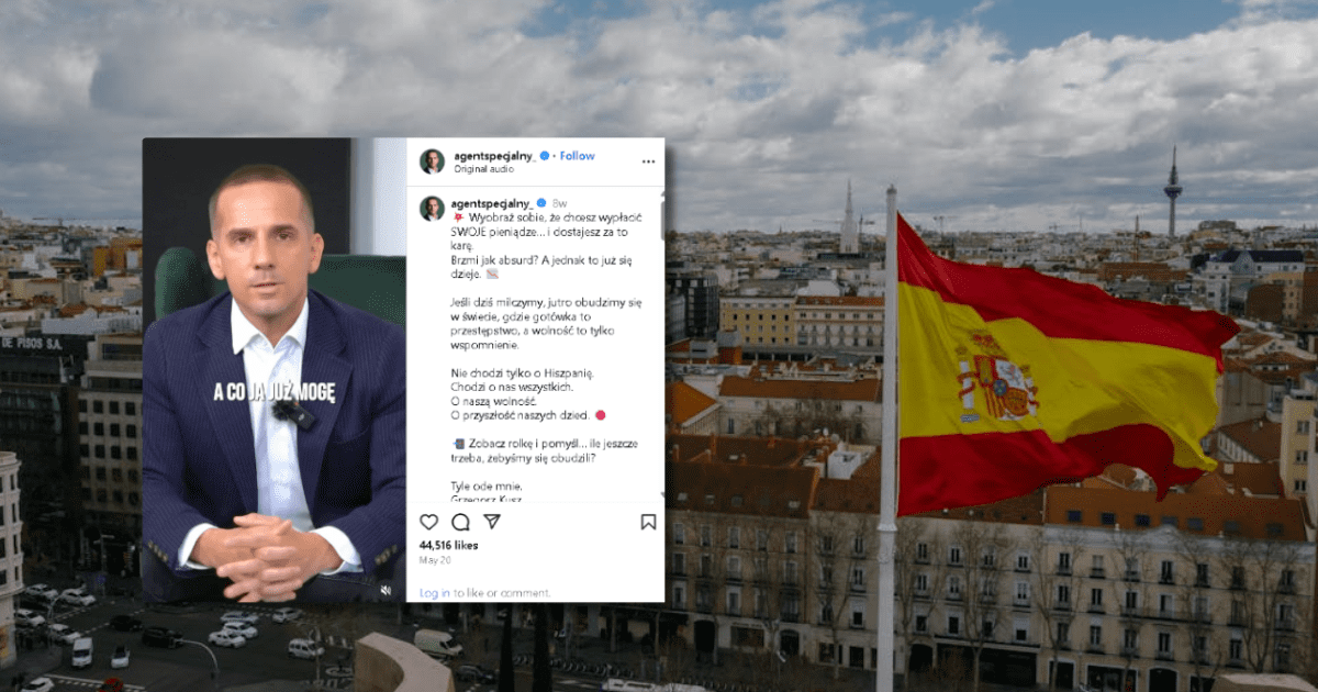 w tle widok na miasto w Hiszpanii i hiszpańska flaga, zrzut ekranu z Instagrama