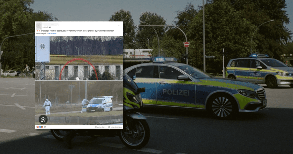 w tle samochody niemieckiej policji, zrzut ekranu z Facebooka