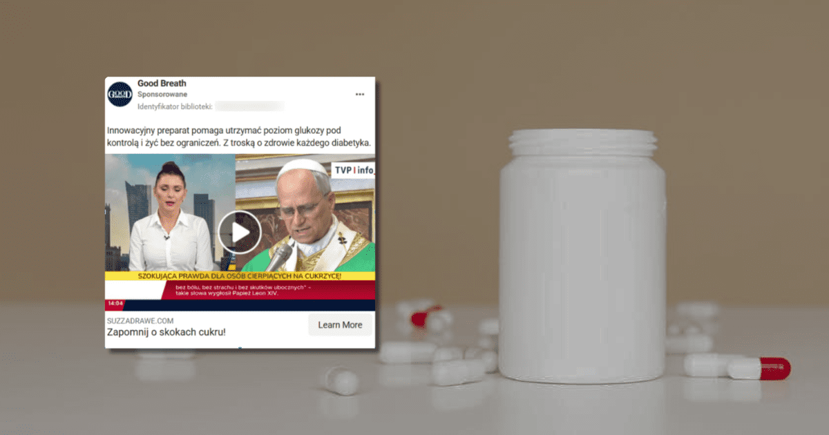 w tle pudełko z lekami i rozsypane pigułki, zrzut ekranu z Facebooka, na której widzimy m.in. Leona XIV