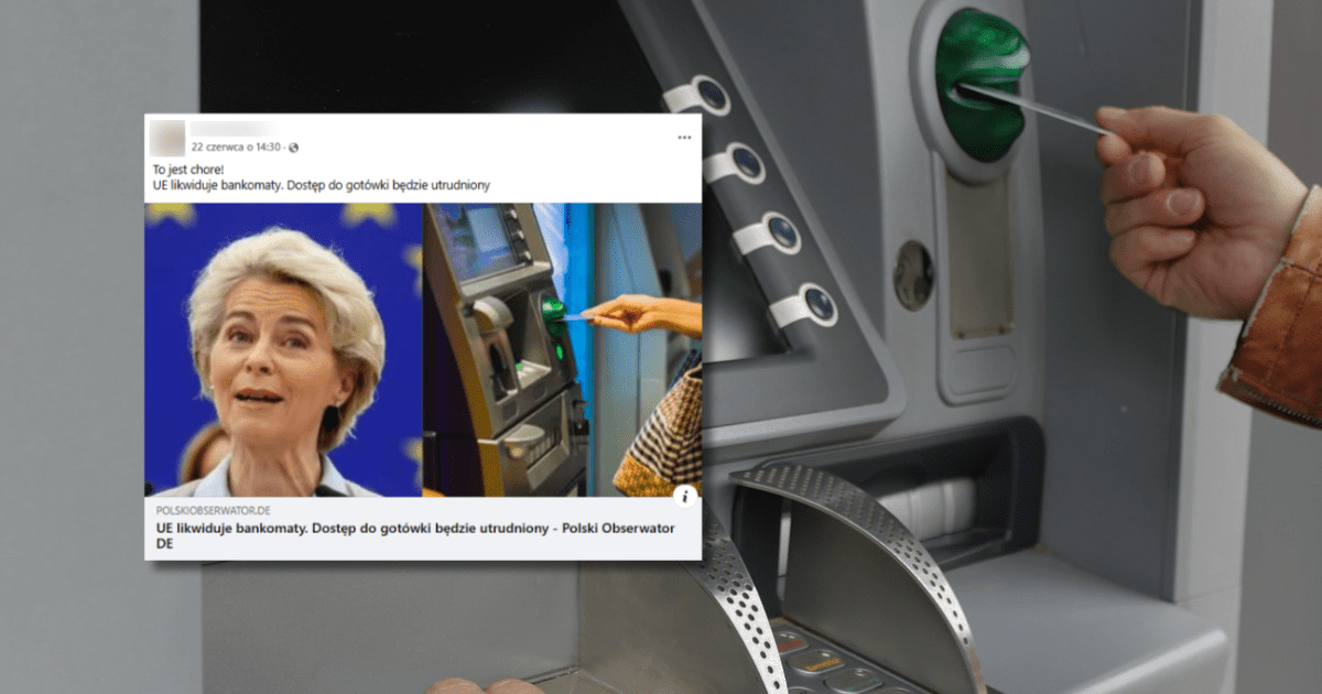 screen z Facebooka, w tle bankomat
