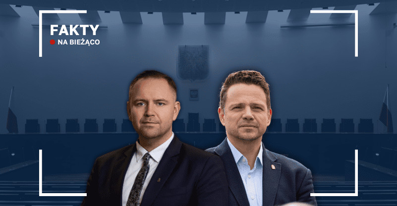 Karol Nawrocki i Rafał Trzaskowski na tle sali posiedzeń Sądu Najwyższego