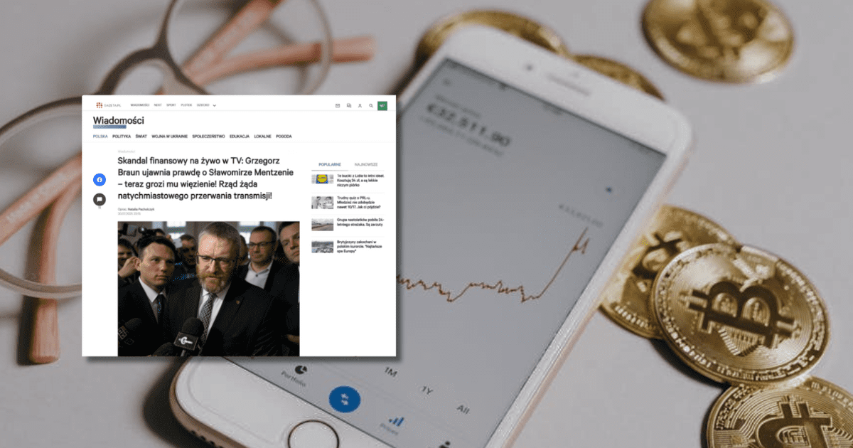 w tle telefon i grafika leżąca na stole, zrzut ekranu ze strony imitującej portal gazeta.pl