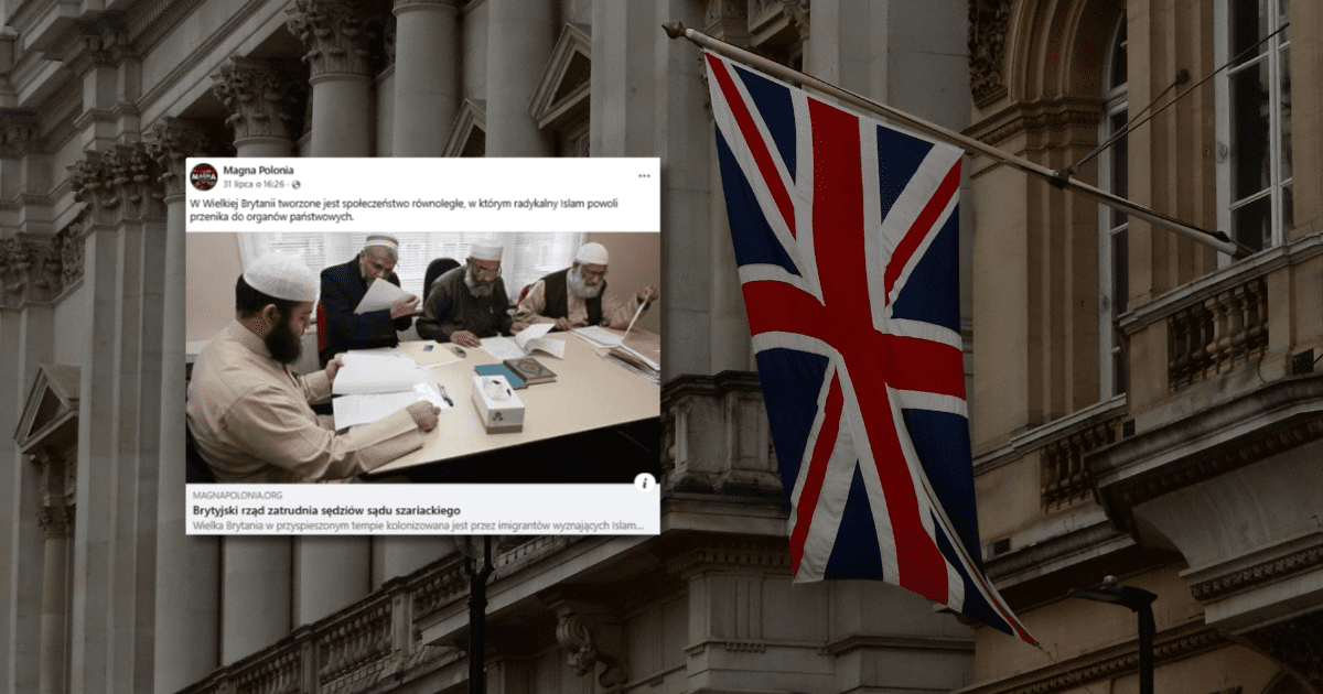 w tle budynek z flagą Wielkiej Brytanii, zrzut ekranu z Facebooka