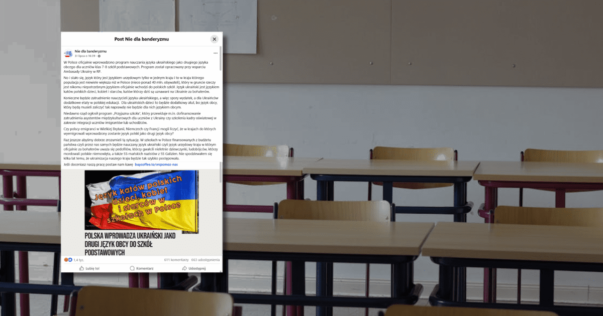 w tle szkolne ławki i tablica w klasie, zrzut ekranu z Facebooka