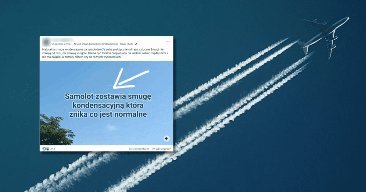 w tle samolot i smugi kondensacyjne, zrzut ekranu z Facebooka