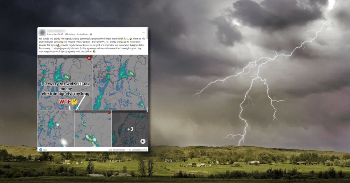 w tle piorun i tornado uderzające w wioskę, zrzut ekranu z Facebooka