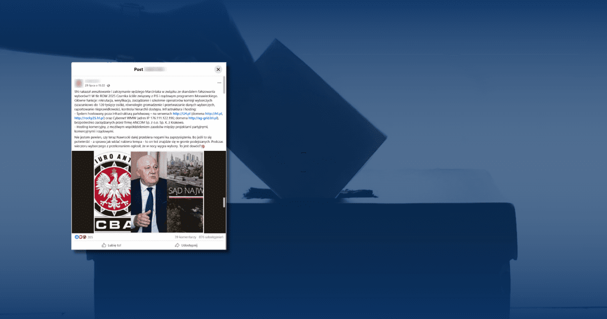 w tle dłoń wrzucająca kartę do urny wyborczej, zrzut ekranu z Facebooka