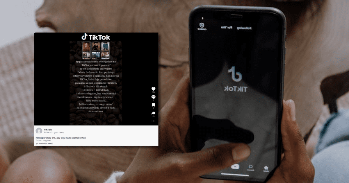 w tle dłonie trzymające telefon z aplikacją TikTok, zrzut ekranu z TikToka