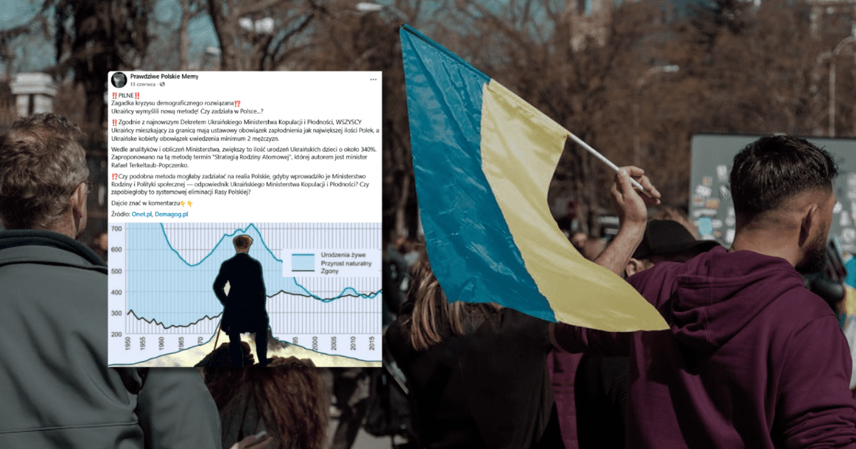 w tle tłum ludzi, mężczyzna trzymający flagę Ukrainy, zrzut ekranu z Facebooka