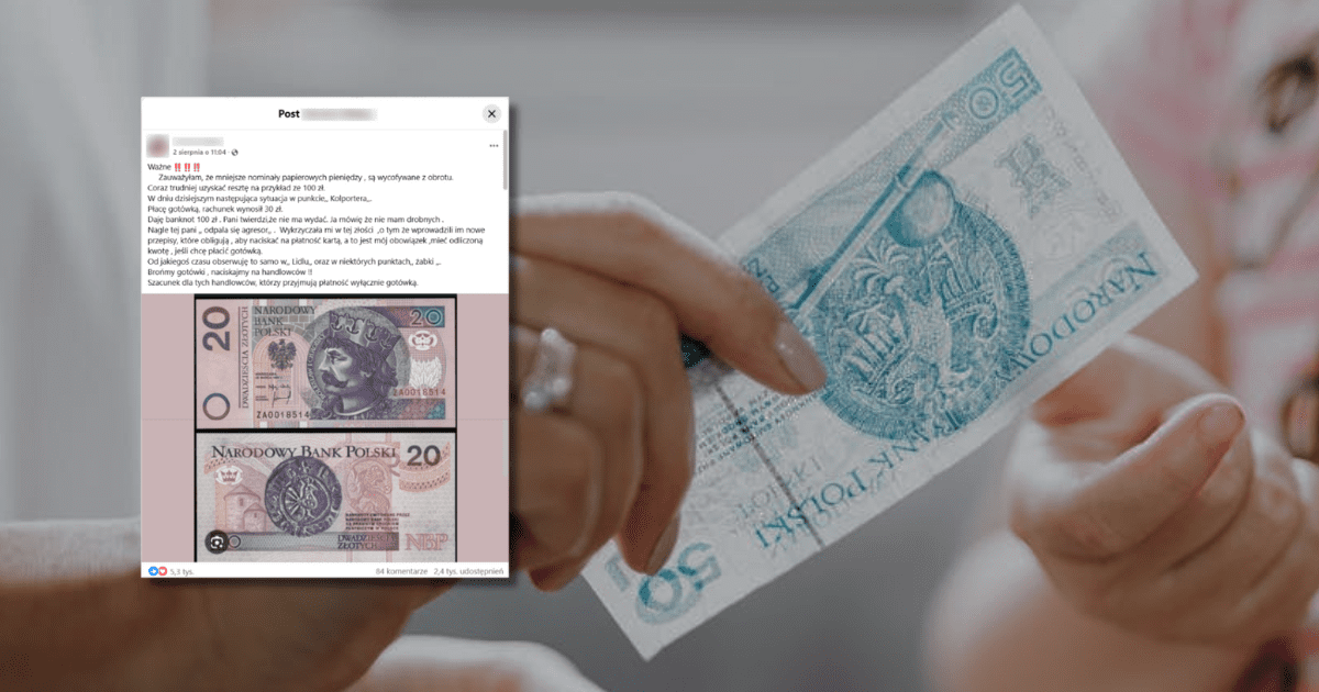 w tle dłoń trzymająca banknot 50 złotych, zrzut ekranu z Facebooka