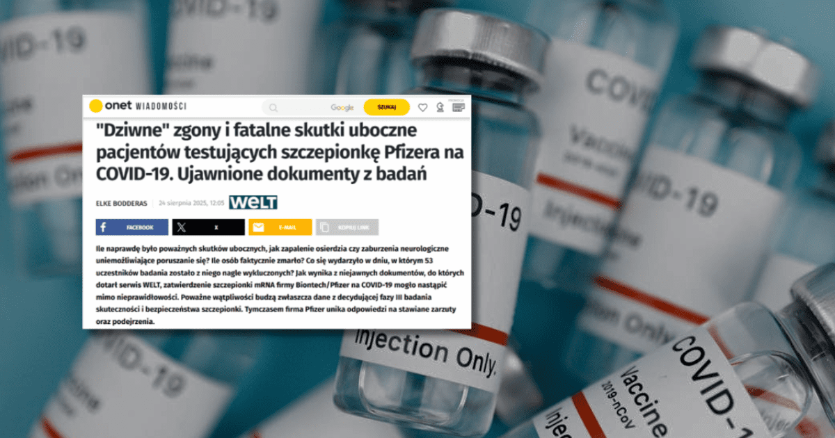 w tle fiolki z preparatem do szczepionek na Covid 19, zrzut ekranu ze strony onet.pl