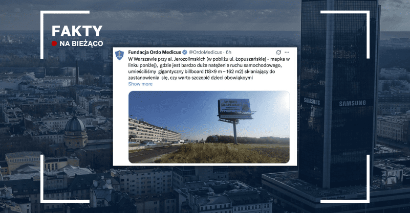 screen z X, w tle panorama Warszawy tytuł: Banery antyszczepionkowe w Warszawie