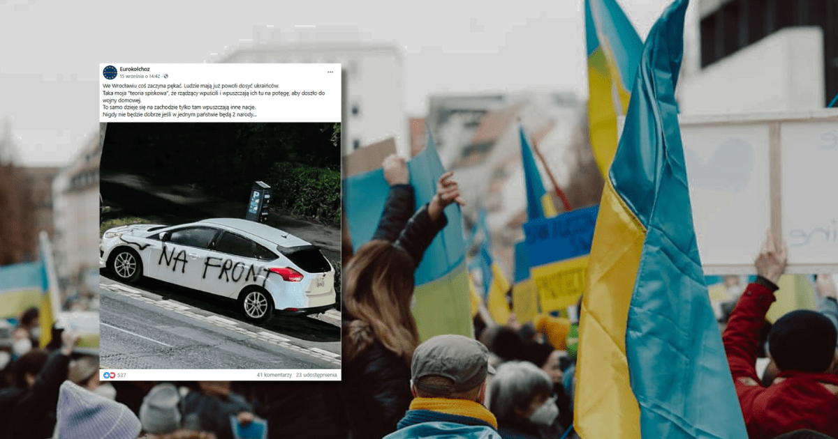 w tle tłum ludzi z ukraińskimi flagami, zrzut ekranu z Facebooka