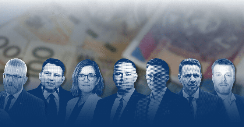w tle banknoty, zdjęcia kandydatów na prezydenta