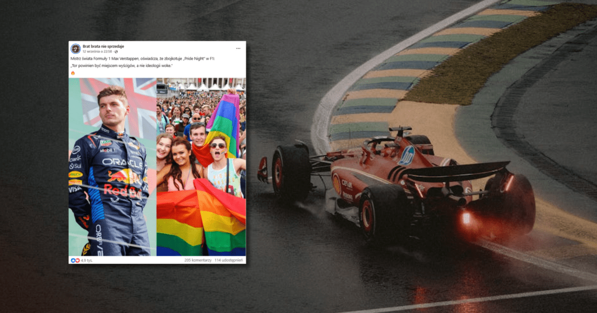 w tle samochód F1 na torze wyścigowym, zrzut ekranu z Facebooka