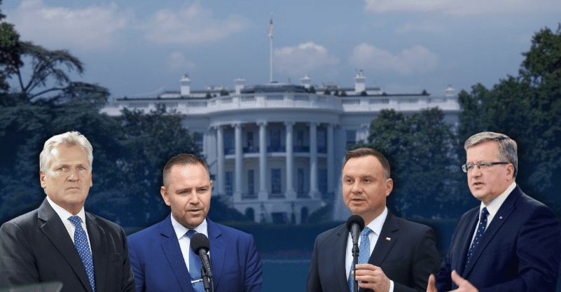 z lewej Kwaśniewski, Nawrocki, z prawej Komorowski, Duda, w tle Biały Dom
