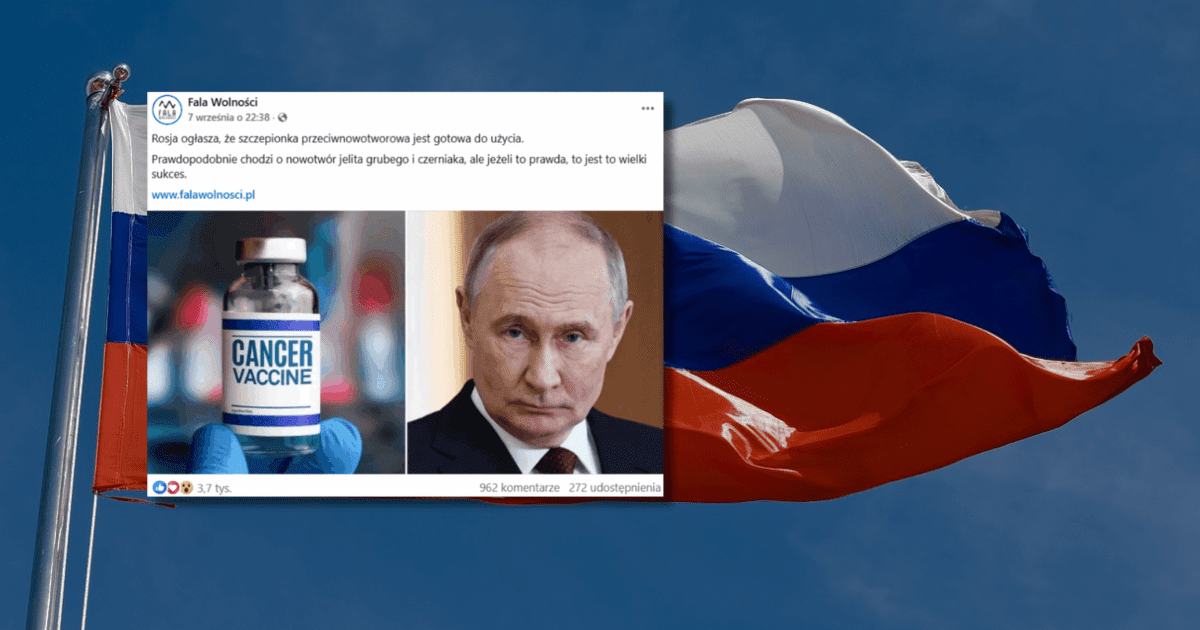 w tle flaga Rosji, zrzut ekranu z Facebooka