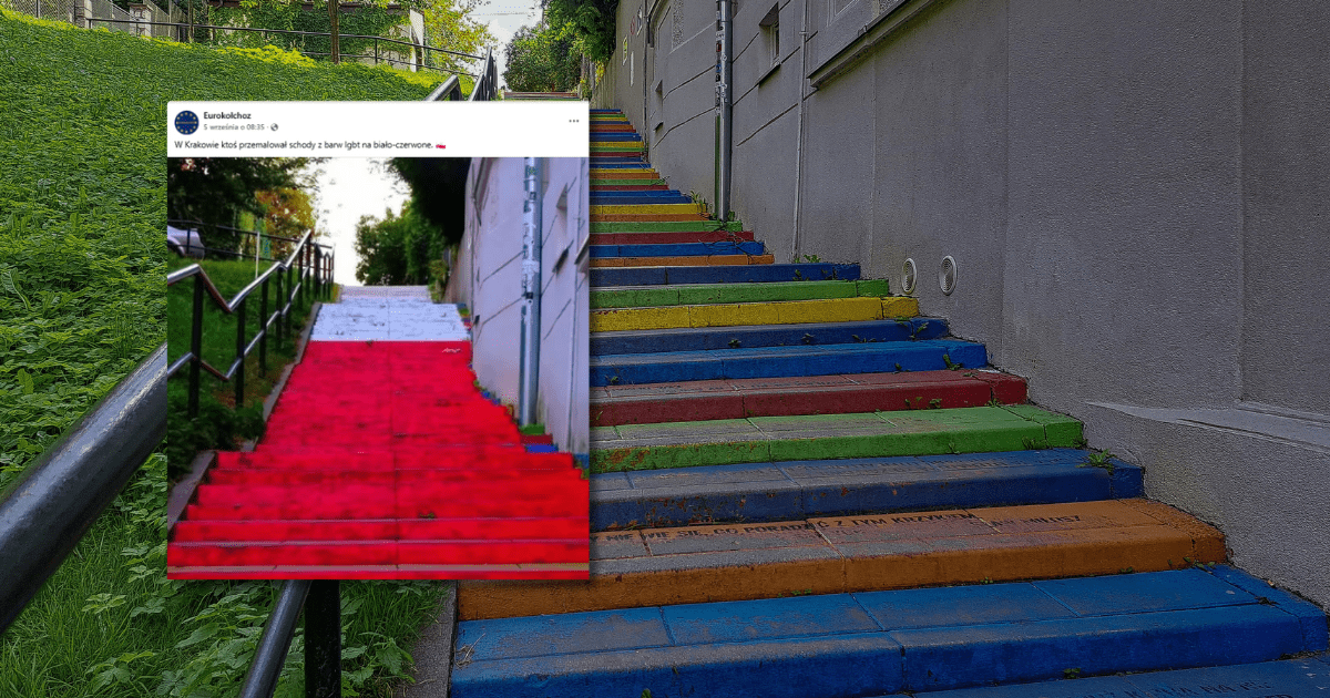w tle kolorowe schody w Krakowie, zrzut ekranu z Facebooka
