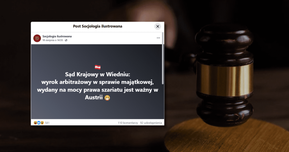 screen z Facebooka, w tle młotek sędziowski